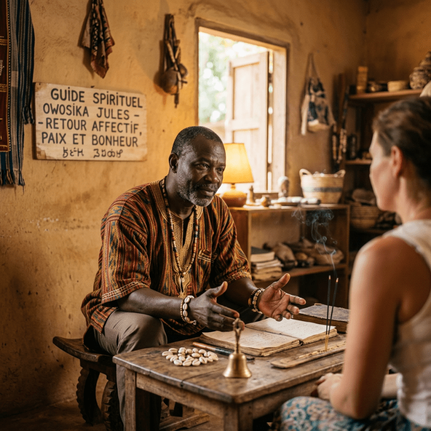 Spiritual guide seated at wooden table speaking with a woman in a rustic room