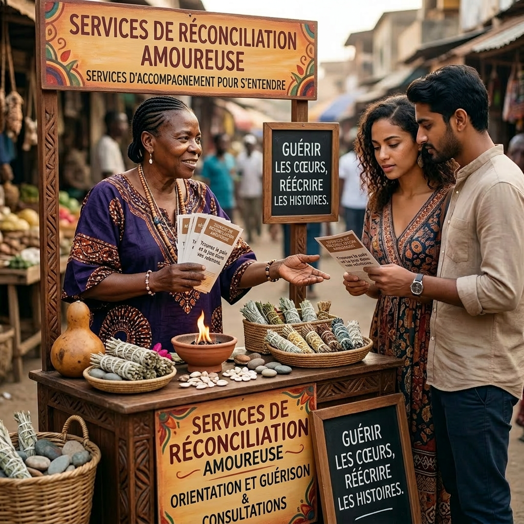 Woman at a love reconciliation services stall speaking to a couple and handing out brochures
