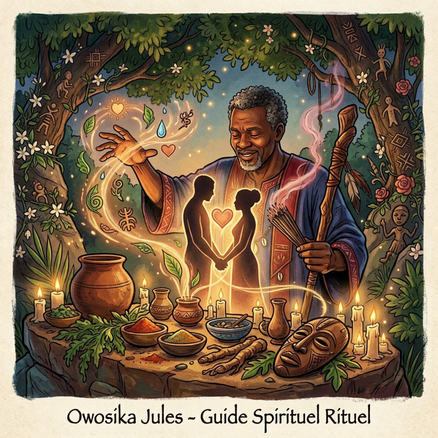 An elder spiritual guide performing a ritual with herbs, spices, and a wooden mask on a stone table outdoors.