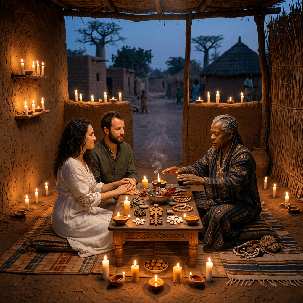 Couple and elder in traditional attire seated around a candlelit table during spiritual ceremony