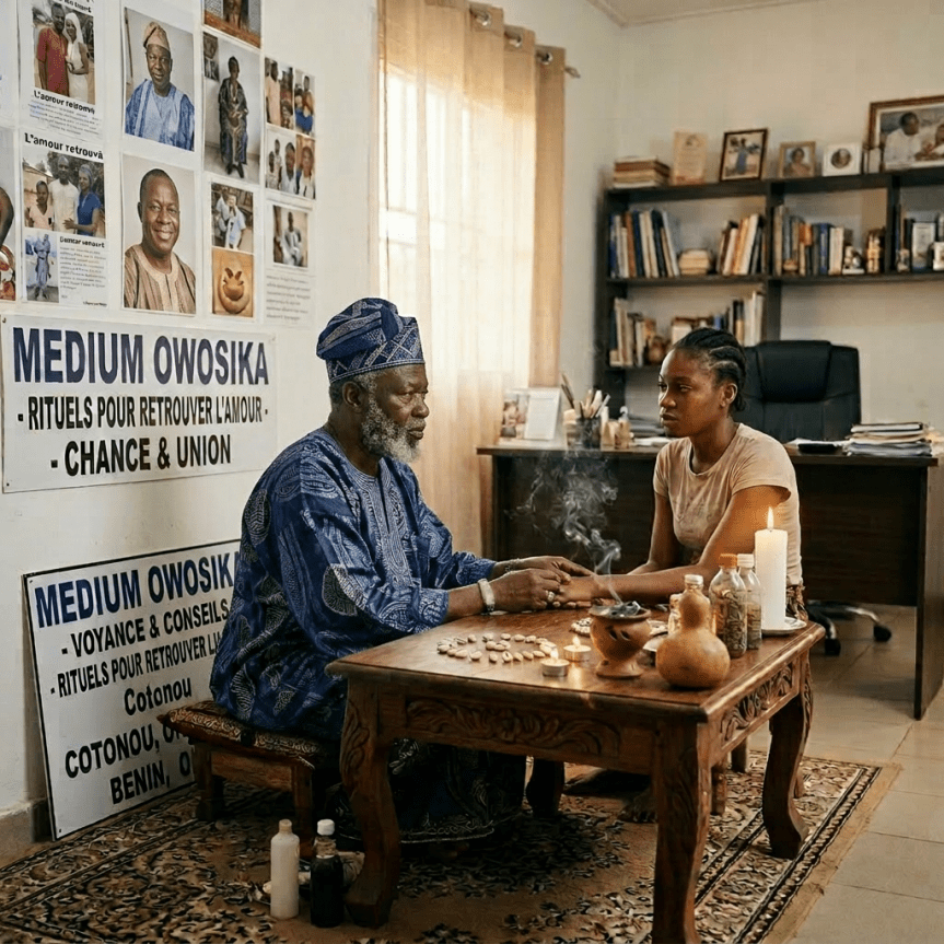 A spiritual medium holding a client's hands during a ritual consultation at a wooden table with ritual items and smoke.