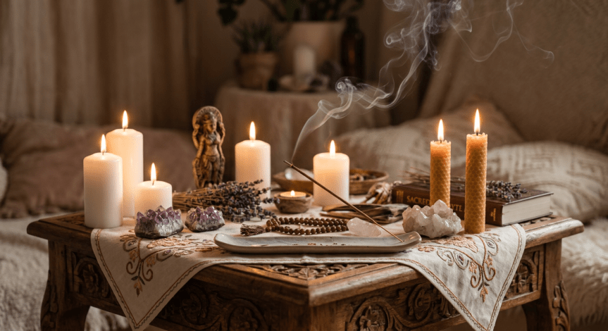 Wooden table with lit candles, crystals, incense stick, mala beads, and a small statue