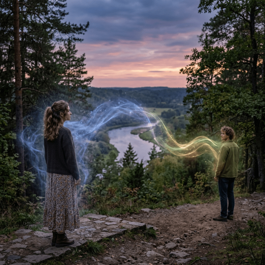 A woman and a man face each other with glowing magical streams connecting them outdoors