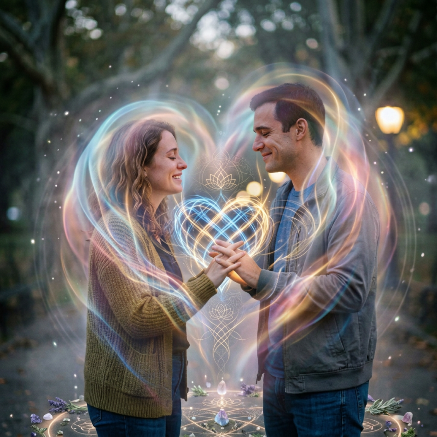 Happy couple holding hands with glowing magical light flowing between them
