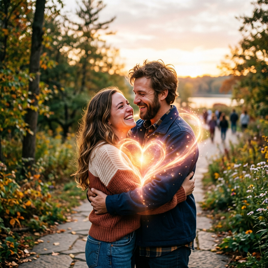 Couple hugging outdoors with glowing heart effect
