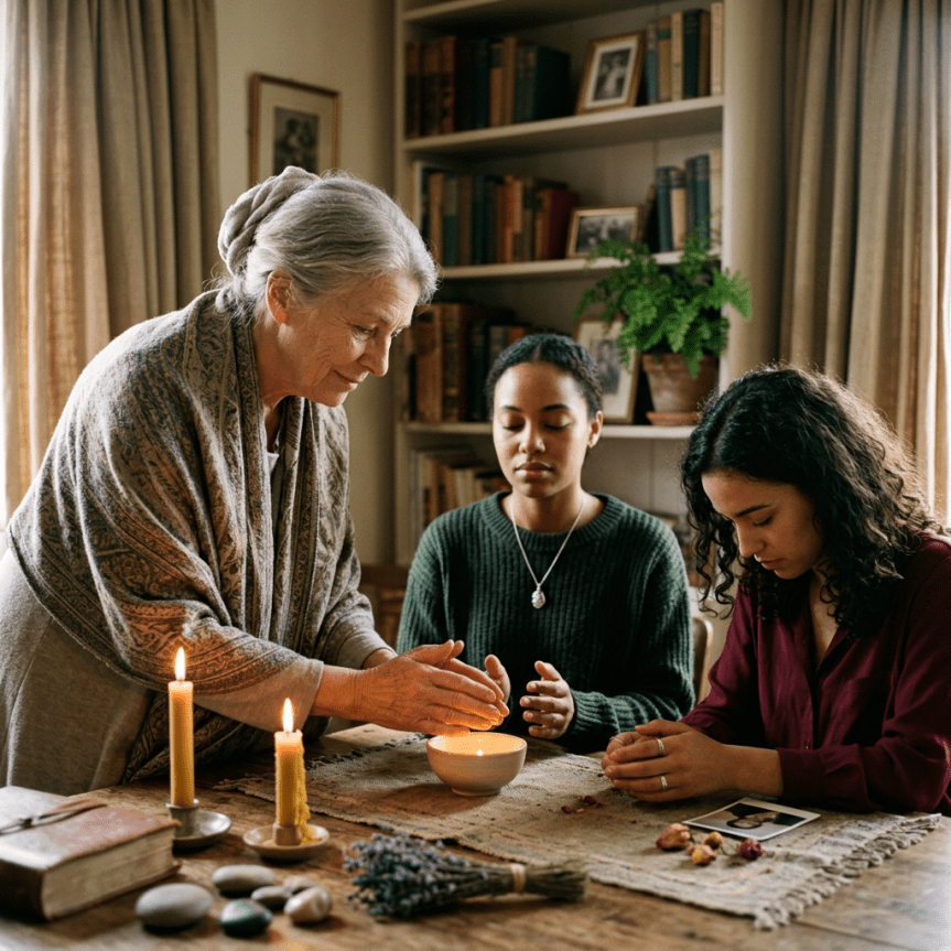 Three women sitting at a table with lit candles and a bowl, appearing to perform a ritual or meditation