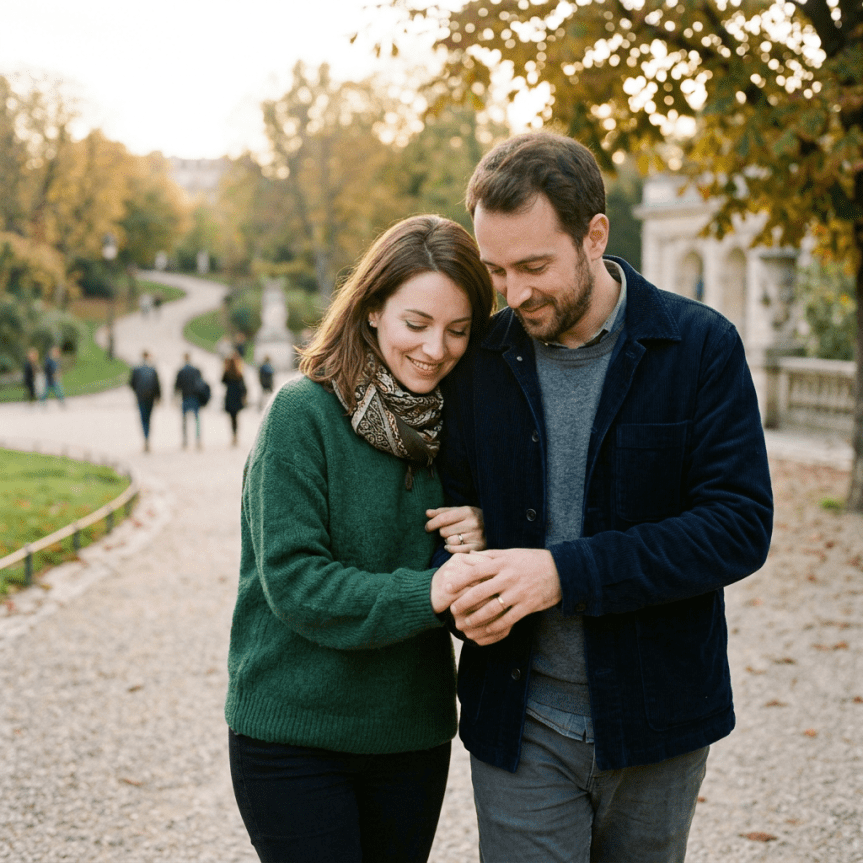 Smiling couple walking together in a park during autumn, holding hands and showing rings