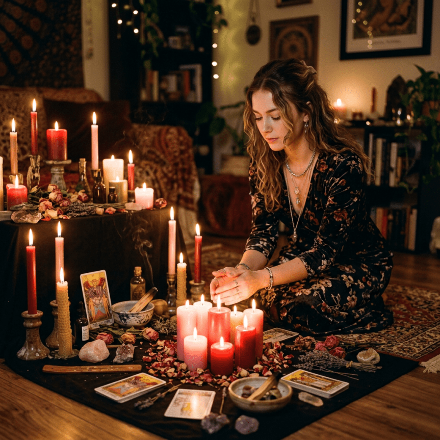 Woman kneeling amidst lit candles, tarot cards, and crystals performing a ritual